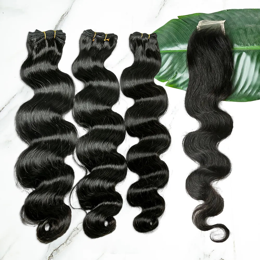 Natural Color Hair Double Drawn Weft Bundles with 2x6 HD Lace Closure