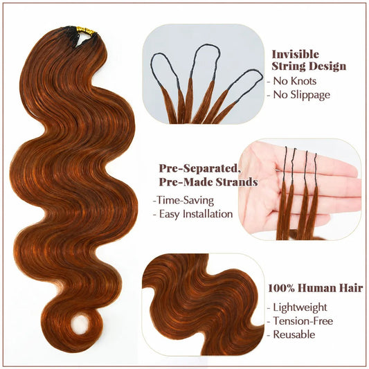 Close-up of Ywigs #350/Auburn Blend Body Wave Human Crochet Hair showing a defined S-shaped wave pattern and rich auburn color