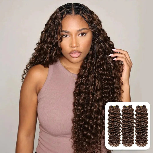 Ywigs #4 medium brown water wave human crochet hair front view for natural brown crochet braid style