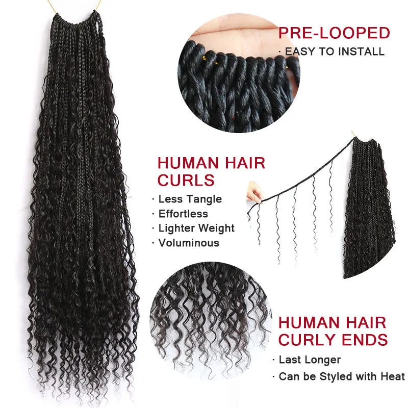 Crochet Boho Box Braids with Human Hair Curls