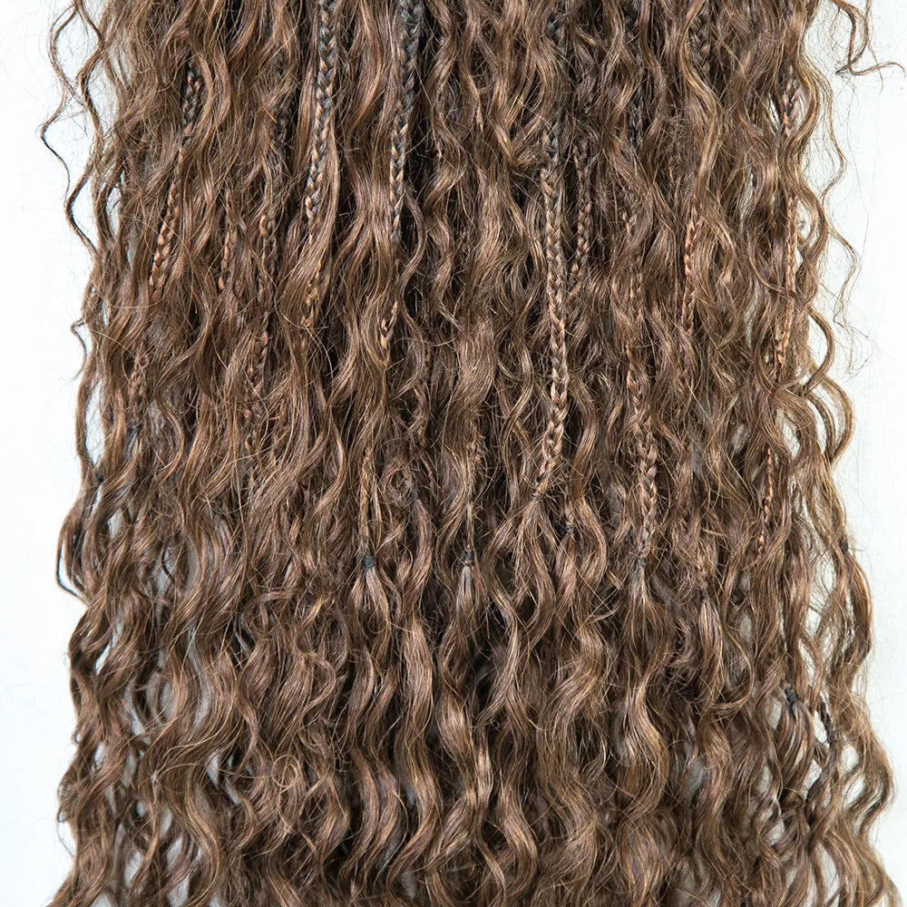 Crochet Boho Box Braids with Human Hair Curls in Brown