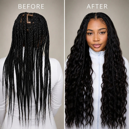 Before and after installation of Ywigs Natural Black loose deep wave human crochet hair for crochet braids transformation