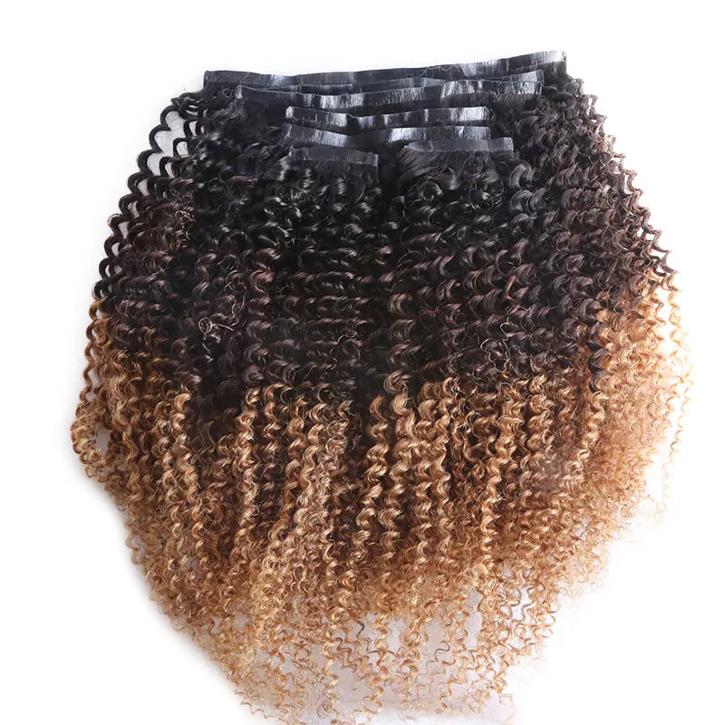 Ombre T1B427 Seamless Lace Weft Clip In Kinky Curly Human Hair Extensions