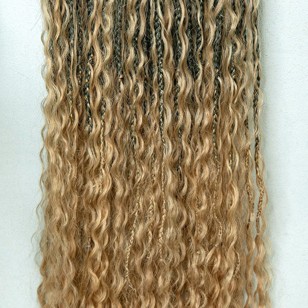 Crochet Boho Box Braids with Human Hair Curls in Honey Blonde