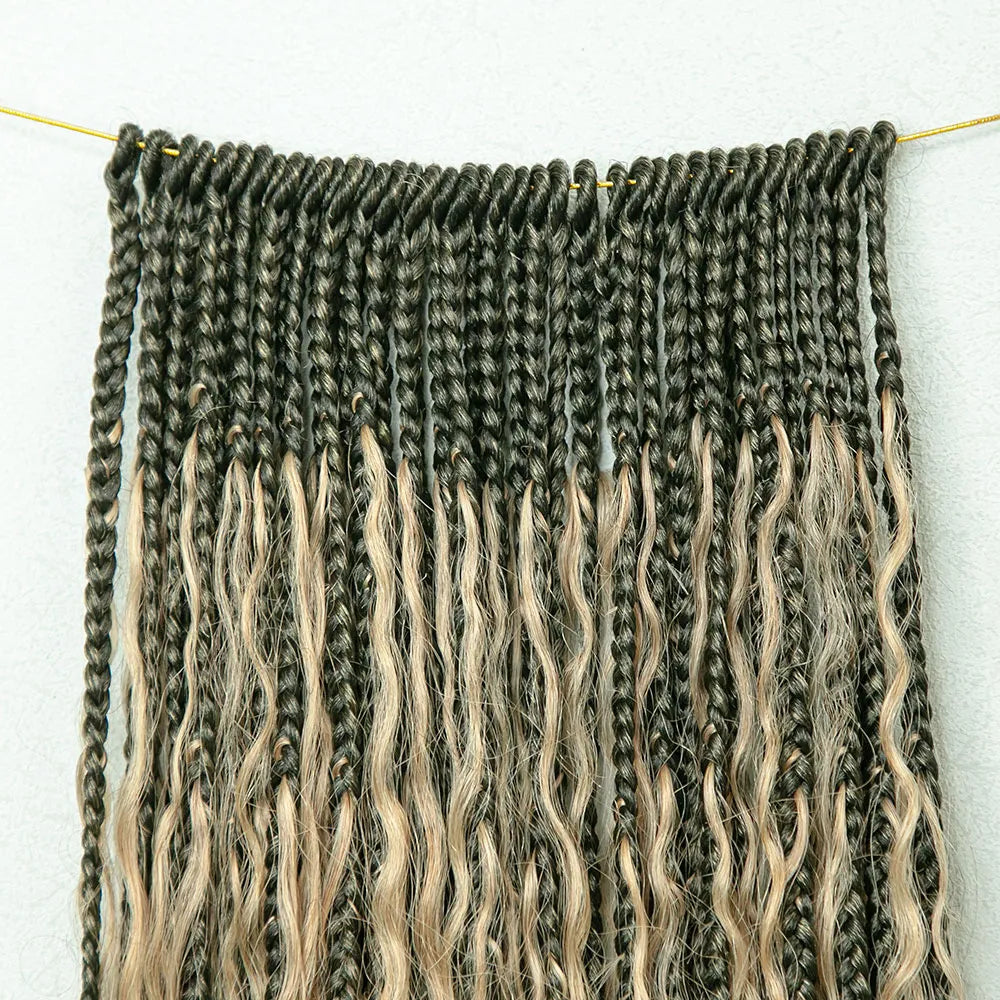 Crochet Boho Box Braids with Human Hair Curls in Honey Blonde