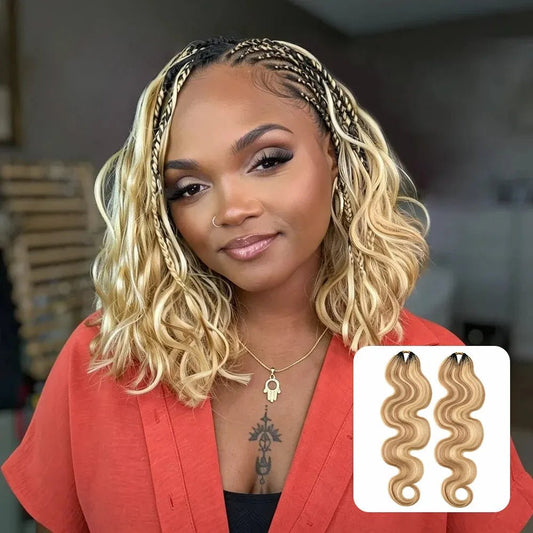 Ywigs #27/#613 Body Wave Human Crochet Hair styled on a woman, featuring voluminous honey blonde and platinum blonde waves.