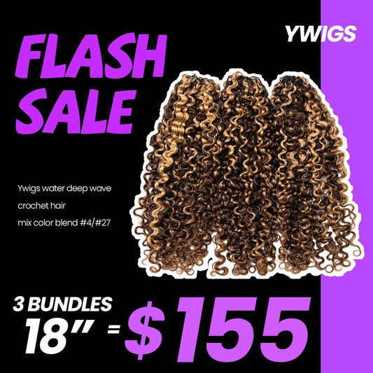 Close-up of the curly ends of 18-inch #4/27 mix color blend Water Deep Wave human crochet hair