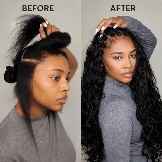 Before and after installation of Natural Black body wave human crochet hair for crochet braids transformation Ywigs