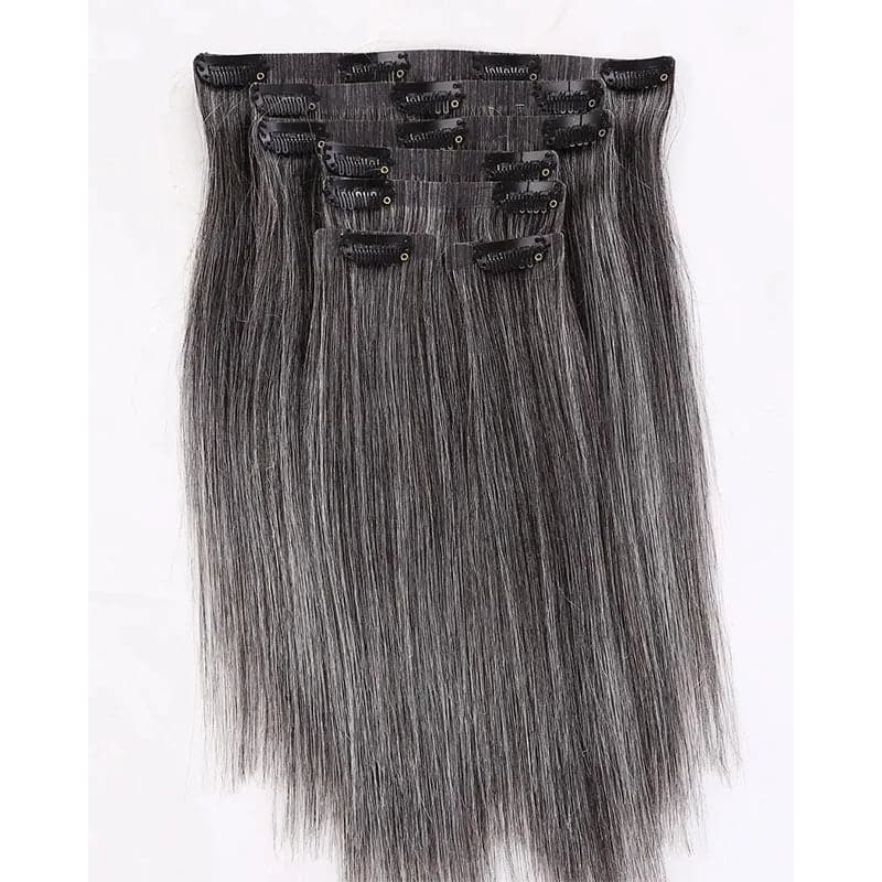 Salt & Pepper Seamless Clip in Hair Extensions Silky Straight, 14 (100g) / 40% Gray Hair + 60% Natural Color Hair (+5 Days for Processing) / 2 Sets