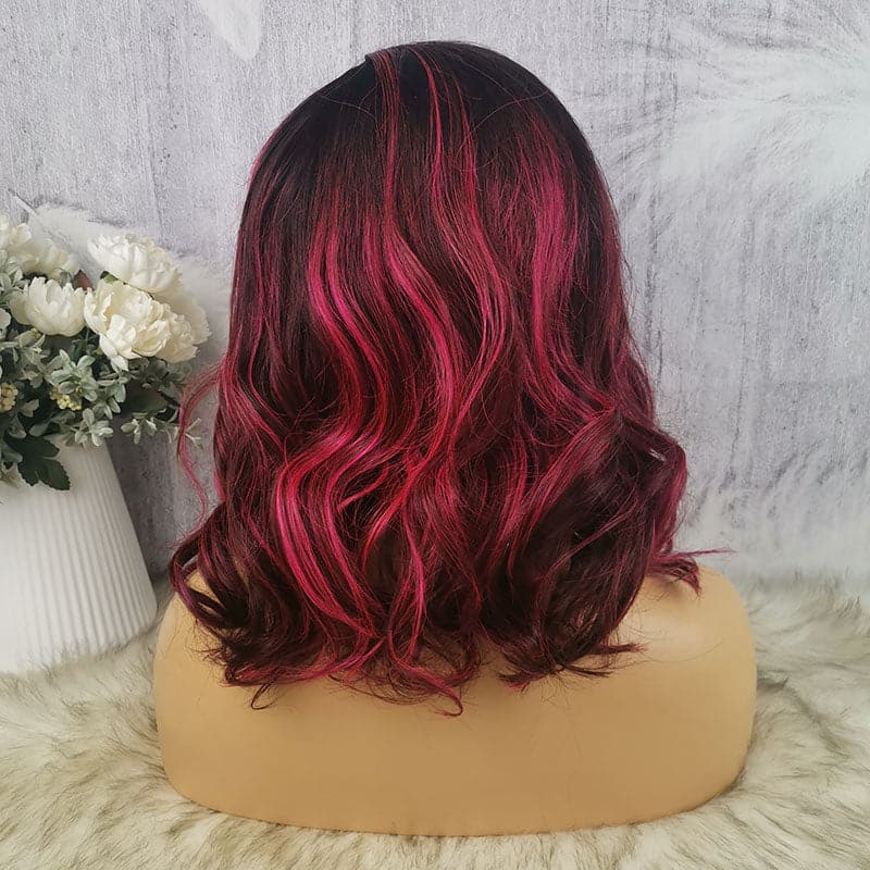 ruby bright red highlights body wave 13x6 lace front wig on natural hair back