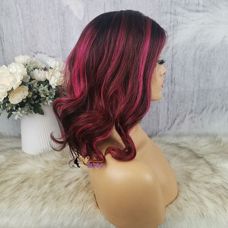 ruby bright red highlights body wave 13x6 lace front wig on natural hair right side