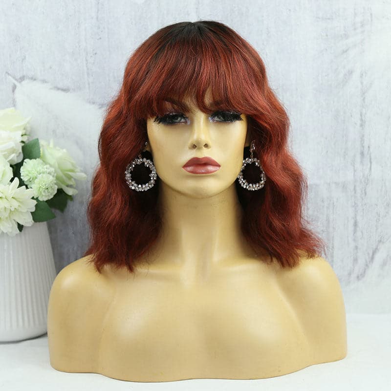 fiery red body wave with bang scalp top no lace wig