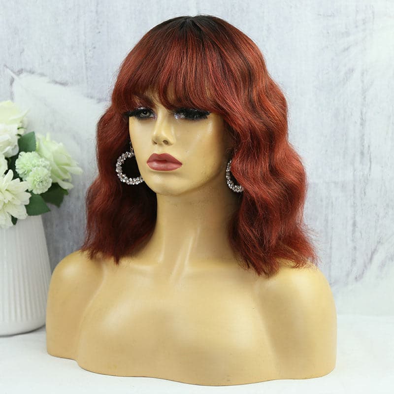 fiery red body wave with bang scalp top no lace wig 1