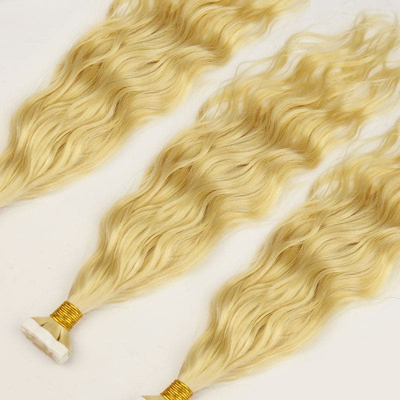 613 Platinum Blonde tape in hair extensions natural wave human hair