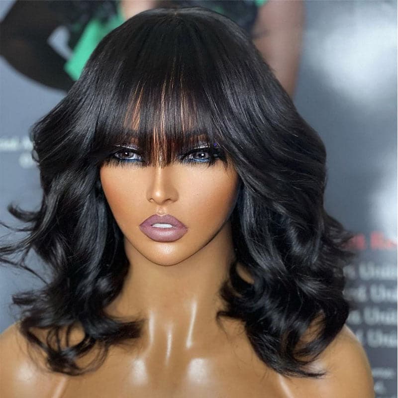 natural color body wave blunt cut bob wig with bangs