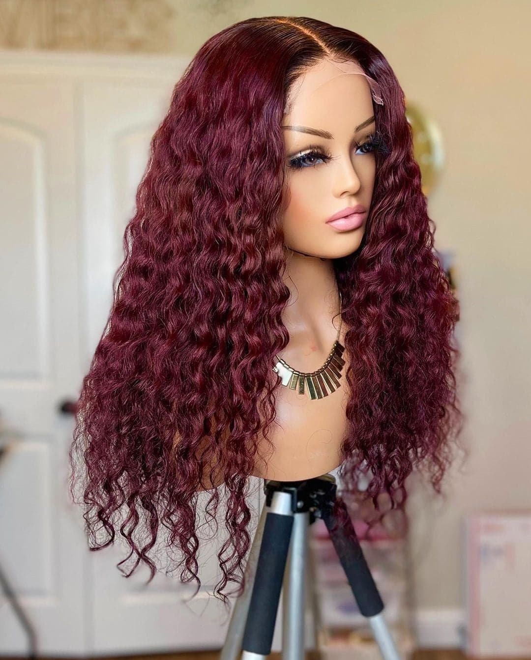 dark red burgundy curly 5x5 lace closure wig