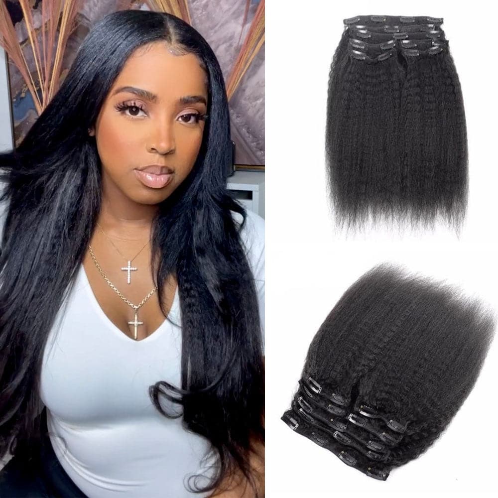 Classic Lace Weft Clip In Kinky Straight Human Hair Extensions EYA1