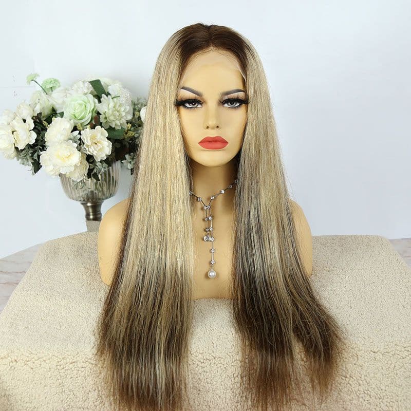 #4 Mix #27 Straight Brazilian Human Hair Silk Base 13x4 Closure Wig 01