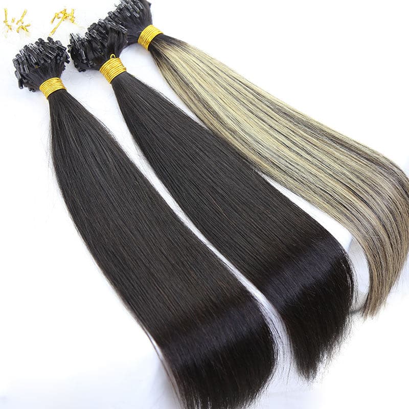 Faux Highlights Natural Color Mixed Light Blonde Pre-Looped Microlink Hair Extensions Set Silky Straight Human Hair