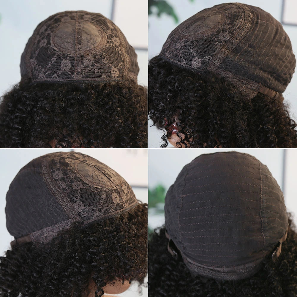12 Inch 150% Density Natural Color Kinky Curly Full Machine Made Bang Wig for Sale Y250817