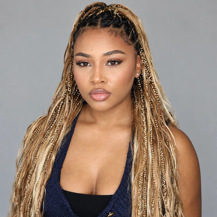 Model wearing Ywigs #27/#30/#613 Mix Color Blend Body Wave Bulk Human Braiding Hair for boho braids