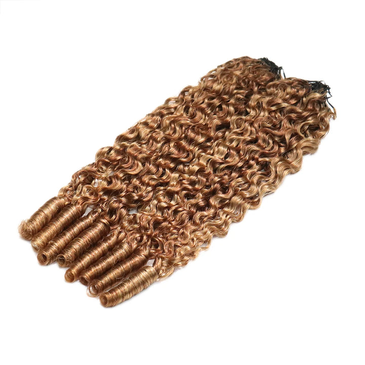 Detailed view of Ywigs #27/30 Water Curly Feather Crochet Human Hair showing warm color blend and full texture