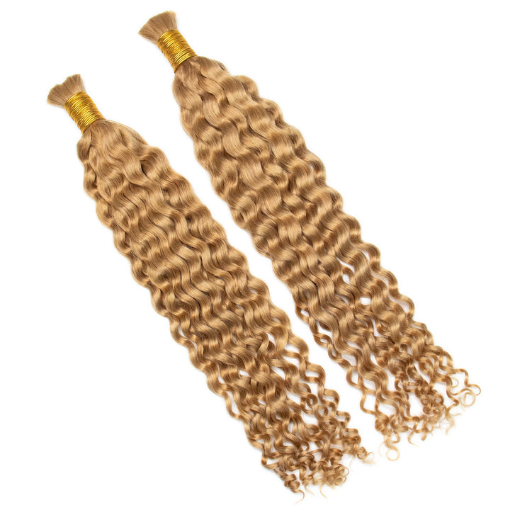 Detailed view of Ywigs #27 Honey Blonde Spanish Curl Human Bulk Hair showing warm blonde color and full curly texture