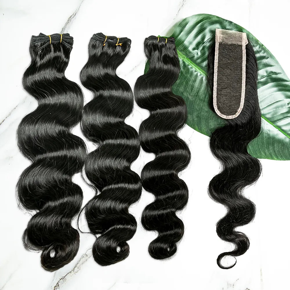 Natural Color Body Wave Burmese Hair Double Drawn Weft Bundles with 2x6 HD Lace Closure