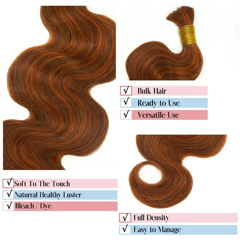 Close-up of Ywigs #350/Auburn Body Wave Bulk Human Braiding Hair showing a defined S-shaped wave pattern and rich auburn color