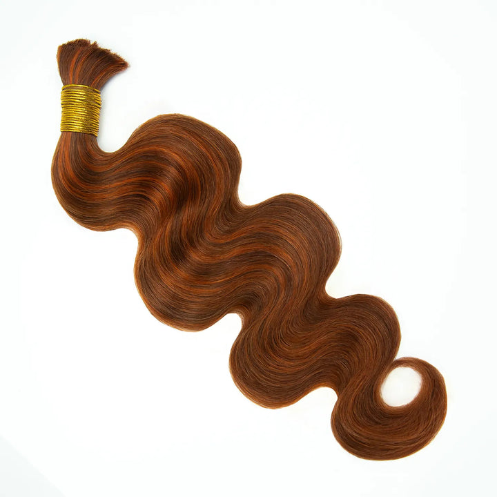Detailed view of Ywigs #350/Auburn Mix Color Body Wave Bulk Human Braiding Hair showing dimensional reddish-brown tones and flowing waves