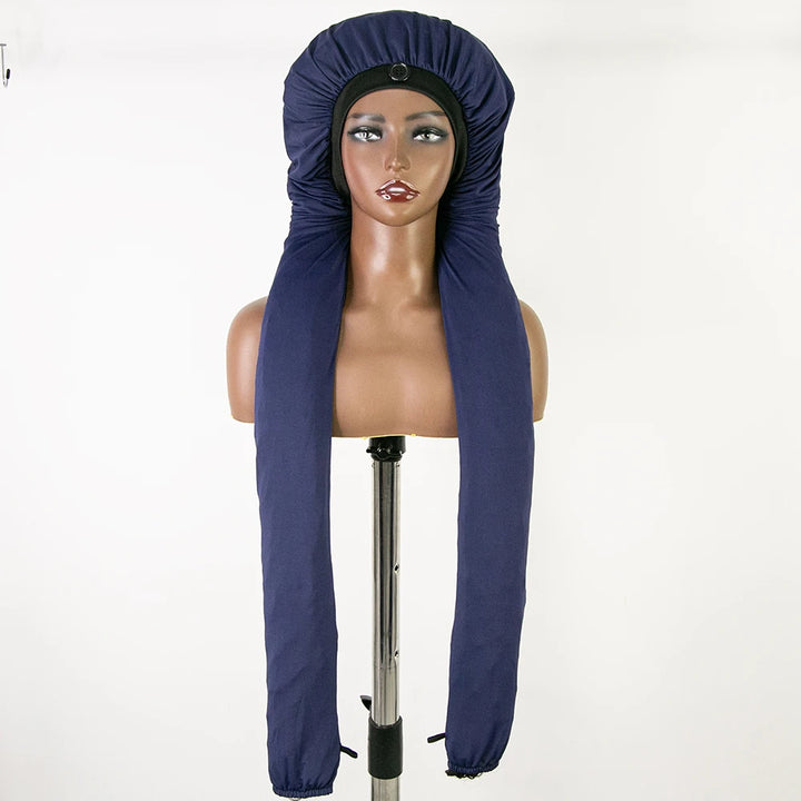 Long navy blue polyester sleep bonnet laid flat with adjustable back closure