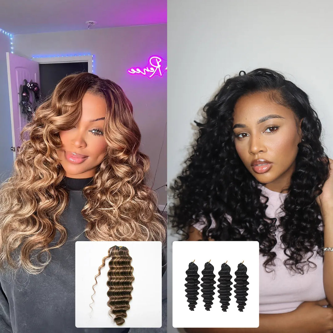 Ywigs #4/27/30 & Natural Black Loose Deep Wave Human Crochet Hair showing a blend of natural black, brown, and warm highlights