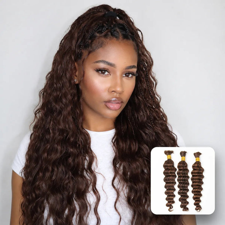 Ywigs #4/#30 Mix Color Blend Loose Deep Wave Bulk Human Braiding Hair front view for boho braids