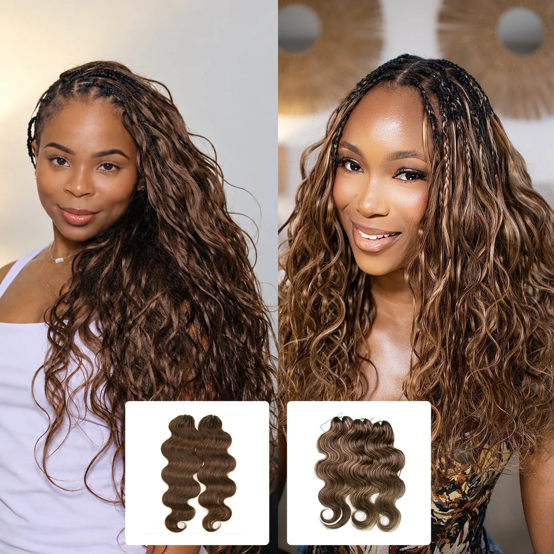Ywigs #4 & #4/27/30 Body Wave Human Crochet Hair showing a dimensional brown and highlighted color blend
