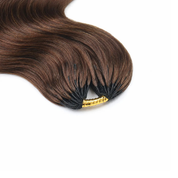 Ywigs #4 medium brown body wave human crochet hair golden wrapped knot root close up