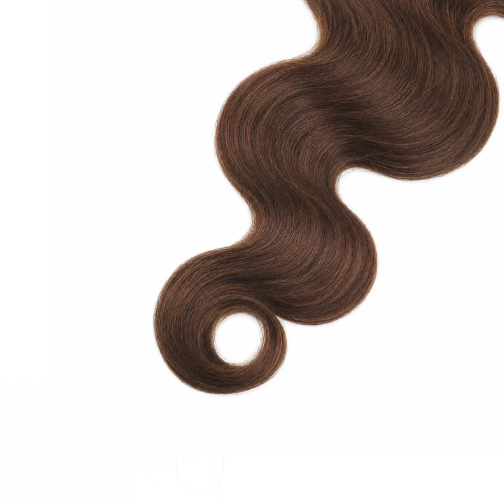 Ywigs #4 medium brown body wave human crochet hair curled end texture close up