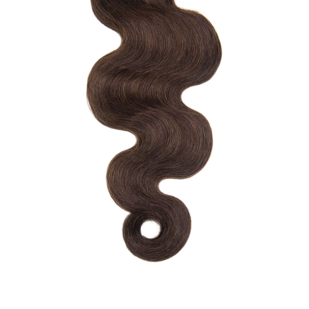 Close-up of Ywigs #4 Medium Brown Burmese Water Curly Human Hair showing soft, defined waves and natural brown color