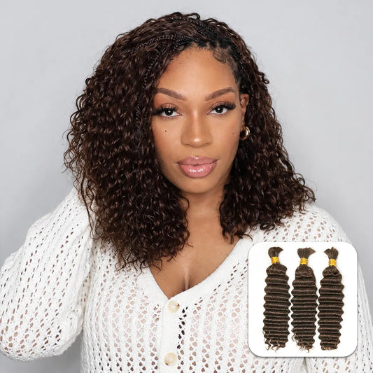 Ywigs #4 Medium Brown Deep Wave Bulk Hair Extensions for Braiding front view for boho braids