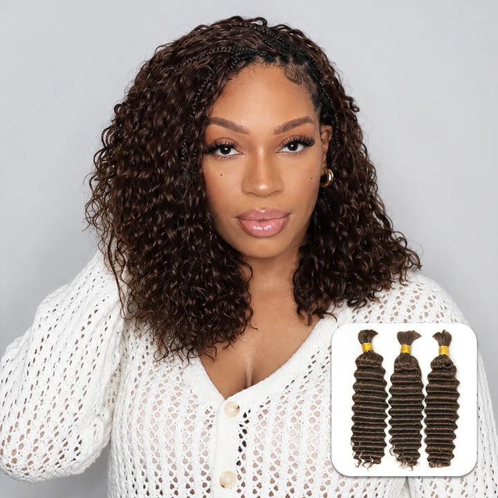 Ywigs #4 Medium Brown Deep Wave Bulk Hair Extensions for Braiding front view for boho braids