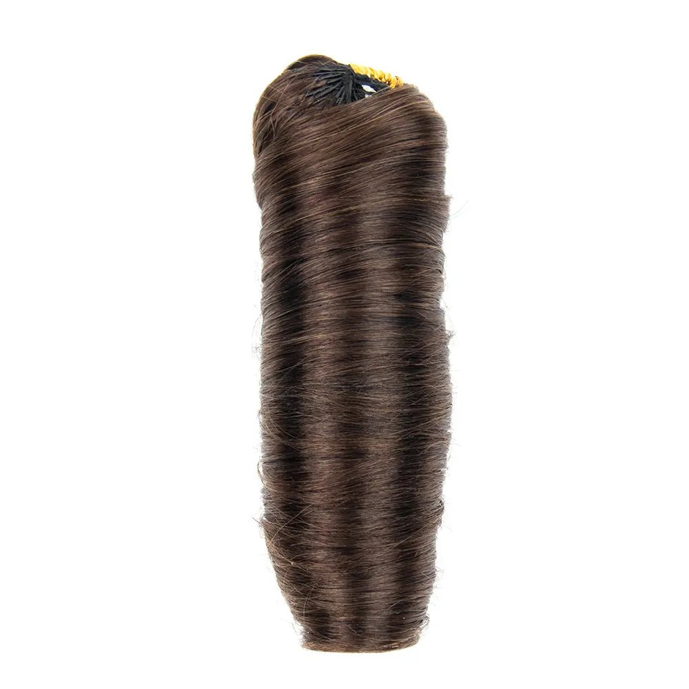 One bundle of Ywigs #4 Medium Brown French Curl Human Crochet Hair showing defined curls and natural volume