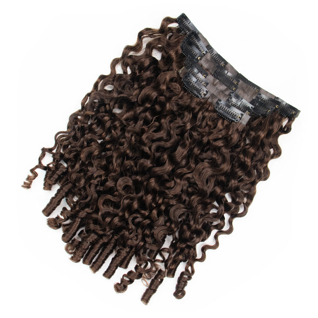 Ywigs #4 Medium Brown Invisible Seamless Edge Clip In Hair Extensions with Water Curly texture