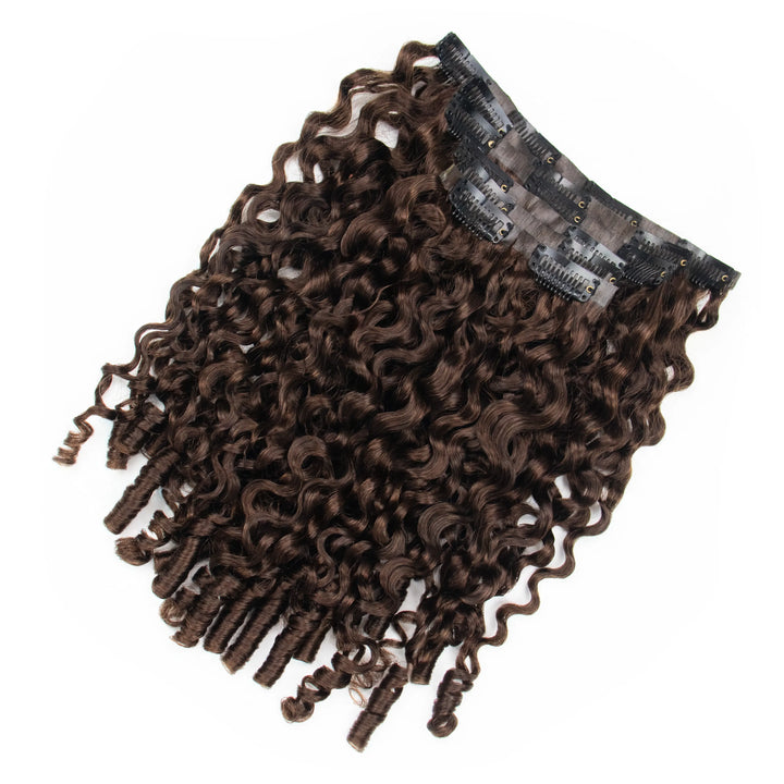 Ywigs #4 Medium Brown Invisible Seamless Edge Clip In Hair Extensions with Water Curly texture