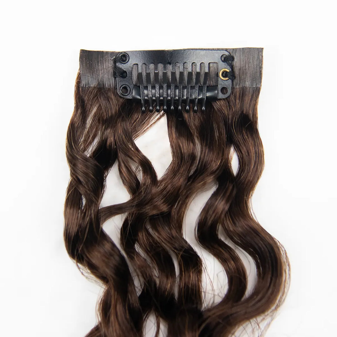Back view of Ywigs #4 Medium Brown Water Curly Clip In Hair Extensions showing the clip attachment