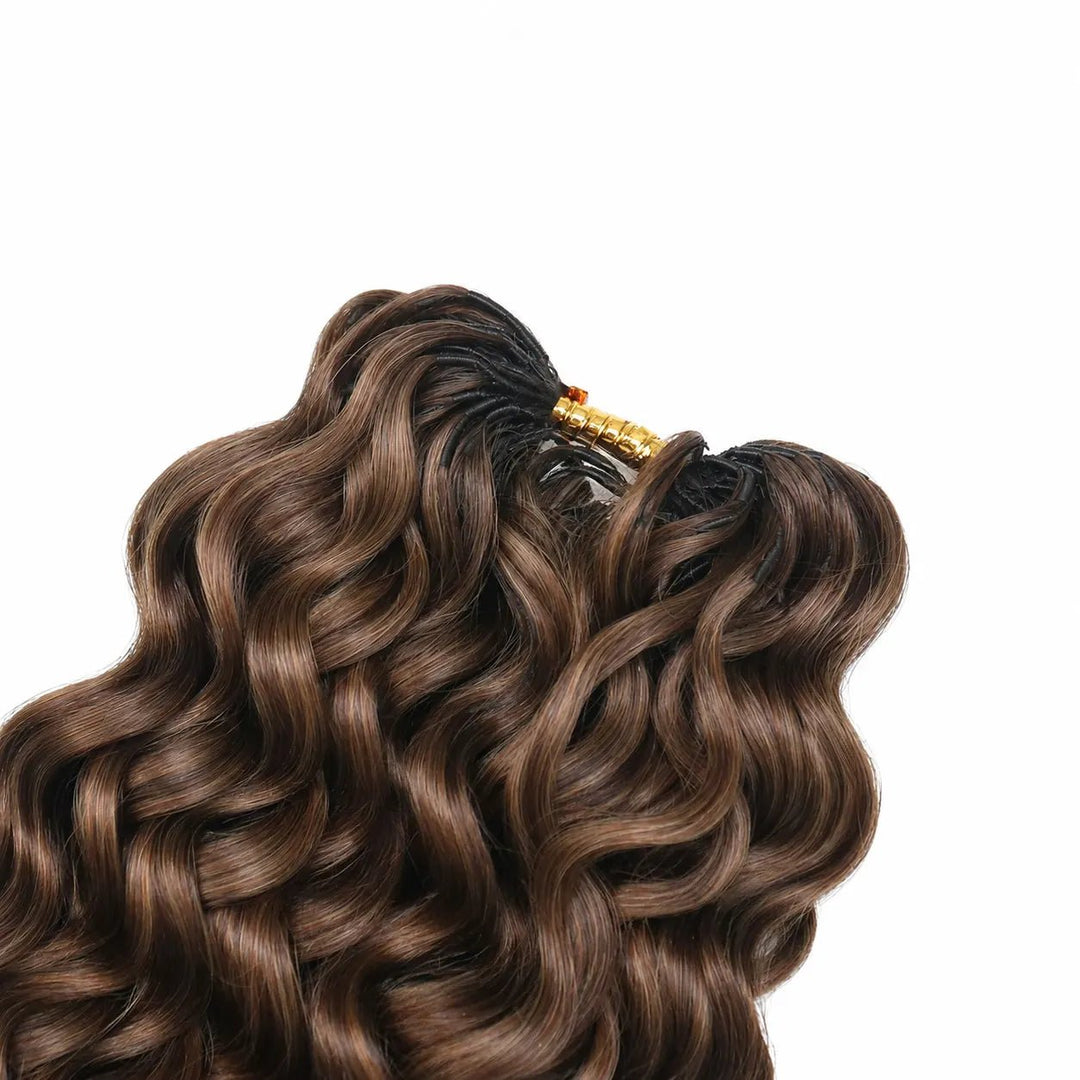 Ywigs #4 medium brown water wave human crochet hair close up showing soft water wave