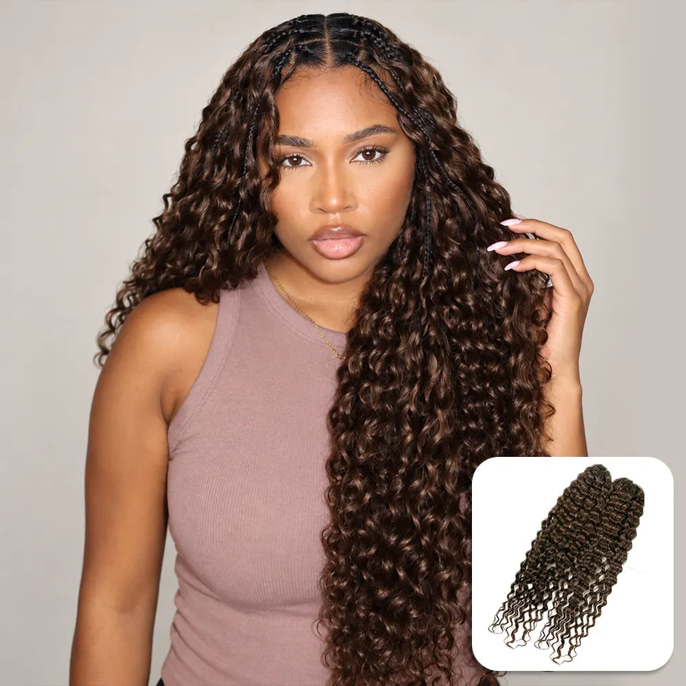 Ywigs #4 medium brown water wave human crochet hair front view for natural brown crochet braid style