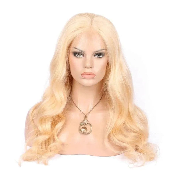 Ywigs #613 Platinum Blonde Body Wave Full Lace Human Hair Wig front view showing soft waves and platinum blonde color