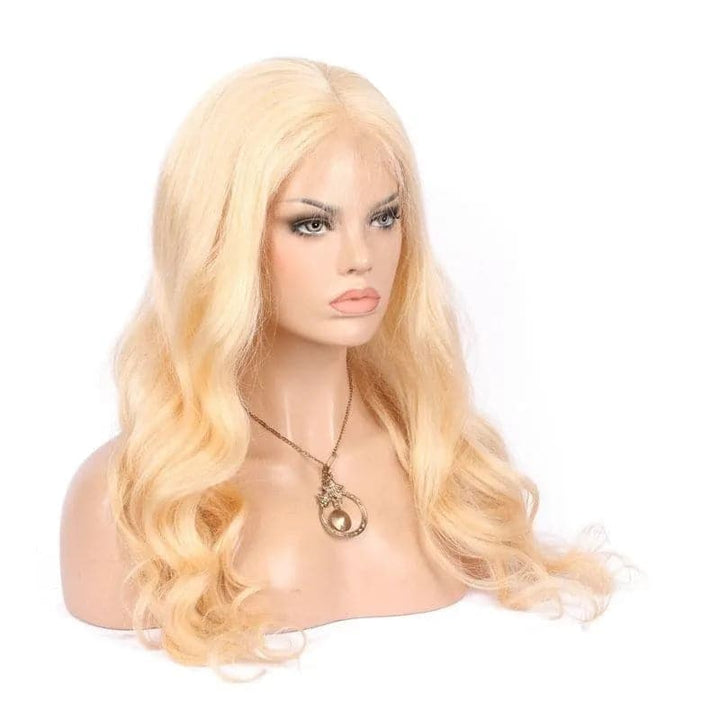 Side view of Ywigs #613 Platinum Blonde Body Wave Full Lace Human Hair Wig showing flowing waves and natural volume