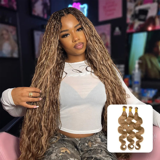 Ywigs #8 Light Brown Body Wave Bulk Human Braiding Hair front view for boho braids