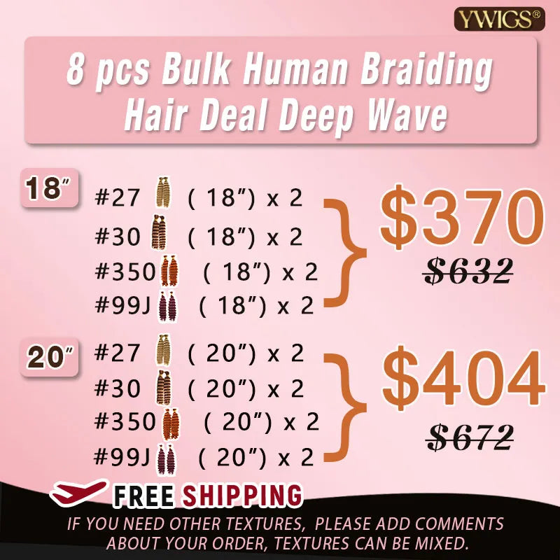 Ywigs 8pcs Colored Human Braiding Hair Bundle Deal Deep Wave $370-$404  (Textures can be mixed)