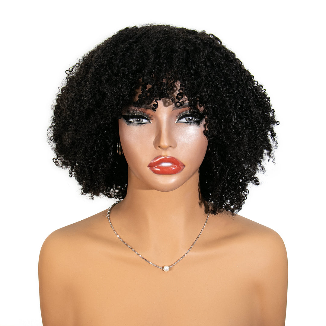 16 Inch 180% Density Afro Kinky Curly Free Part Lace Closure Bob Wig with Bangs for Sale WOJI